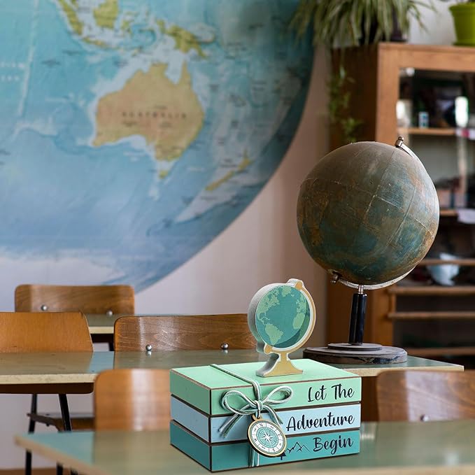 Pinkunn 4 Pcs Travel Themed Decorations Adventure Awaits Wooden Centerpieces, Let The Adventure Begin Book Stacks Table Toppers for World Bon Voyage Travel Around The World Home Office Desk Shelf