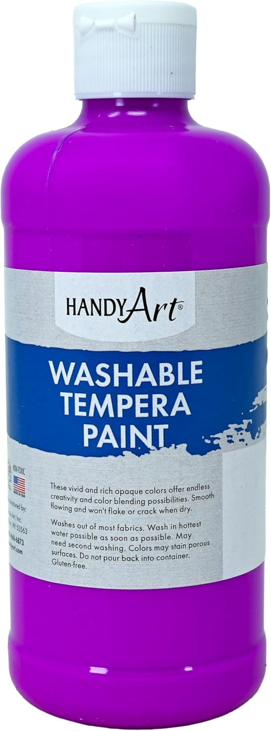 Handy Art Washable Tempera Paint, Fluorescent Violet, 16 oz Bottle, Bright & Mixable, High Opacity, Glows UV Neon with Blacklight, Students, Kids, Young Artists, Safe & Non-Toxic, Made in USA