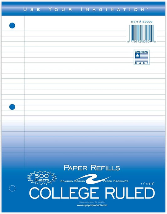 Roaring Spring Loose Leaf Paper, 500 Sheets, 8"x11" White 15# College Ruled Notebook Filler Paper With Margin, 3-hole Punched, Proudly Made in the USA (Pack of 1)