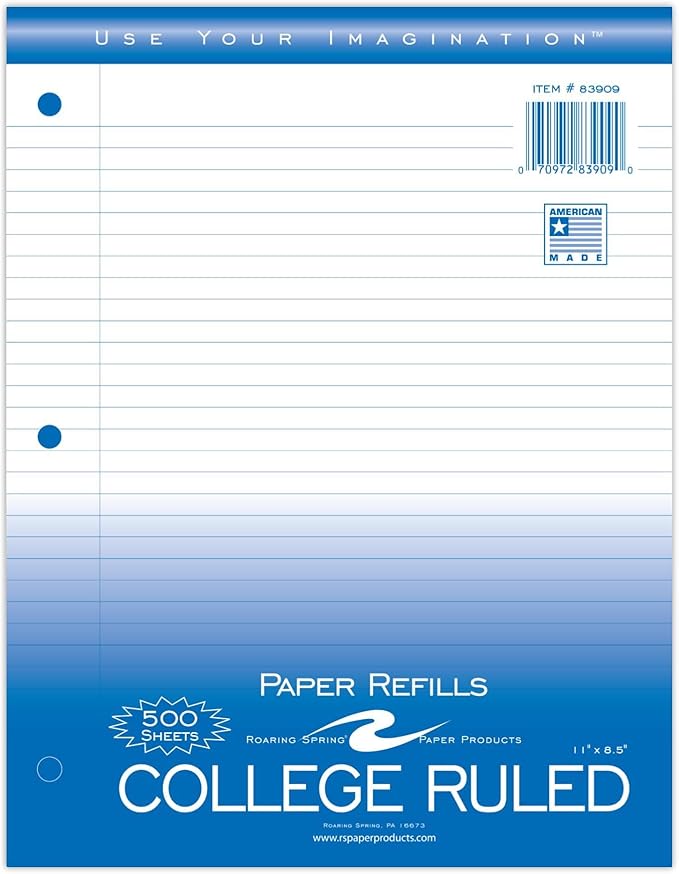 Roaring Spring Loose Leaf Paper, 500 Sheets Per Pack, 8"x11" White 15# College Ruled Notebook Filler Paper With Margin, 3-hole Punched, Proudly Made in the USA (Pack of 5)
