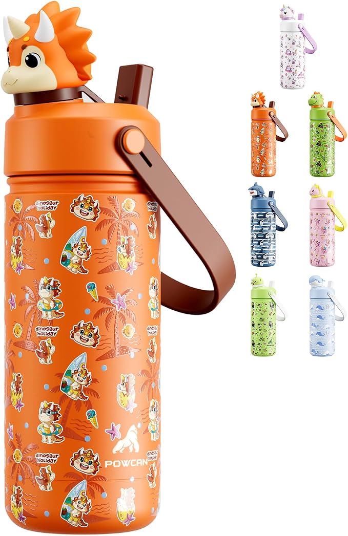 POWCAN 18 oz Kids Water Bottle Insulated: 2-in-1 Straw Spout Lid with Soft Animal Head, BPA-Free, Leakproof, Keep Cold 24H, Backpack Friendly, Stainless Steel Cup for School, Trip, Gift (Sunny Trike)