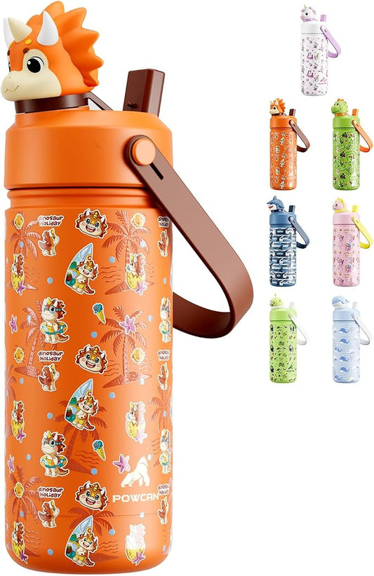 POWCAN 18 oz Kids Water Bottle Insulated: 2-in-1 Straw Spout Lid with Soft Animal Head, BPA-Free, Leakproof, Keep Cold 24H, Backpack Friendly, Stainless Steel Cup for School, Trip, Gift (Sunny Trike)