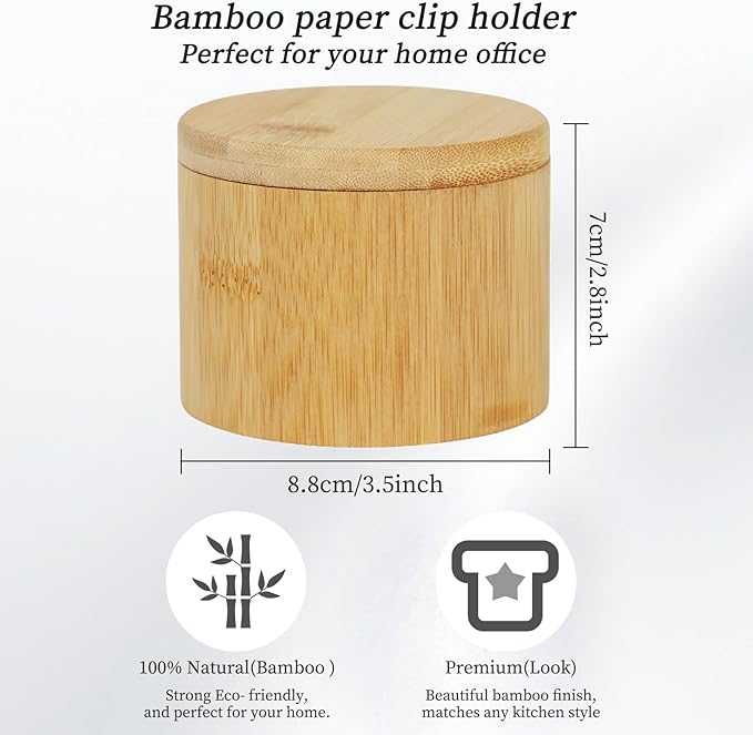 MultiBey 2 Pack Bamboo Paper Clip Holder with Swivel Lid – Natural Wood Desk Organizer for Paper Clips, Binder Clips | Wooden Paper Clip Dispenser Organizer Holder for Desk Office Supply Storage