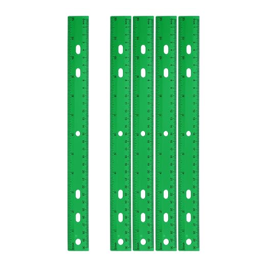 HARFINGTON 5pcs Plastic Rulers 12" (30cm) Clear Straight Ruler Measuring Tool Inches and Centimeters with Hole for Home Office Classrooms Drafting, Green