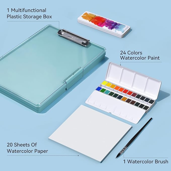 Travel Watercolor Paint Set, Watercolor Set Includes 24 Colors Solid Watercolors + 7.5x7.5 inch 100% Cotton Watercolor Paper(20 Sheets) + 1 Watercolor Brush + Green Double Layer Organizer