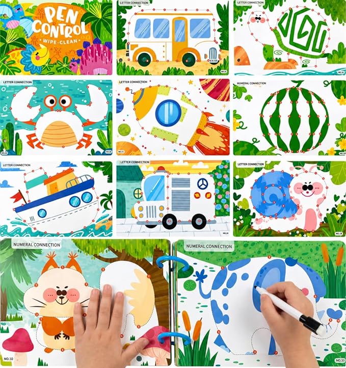 Reusable Dinosaur Coloring Book for Kids - 30 Pages Magic Water Drawing Book, erasable Activity Pad with Markers, Travel Toys for Airplane Road Trip Games, Preschool Learning Gifts