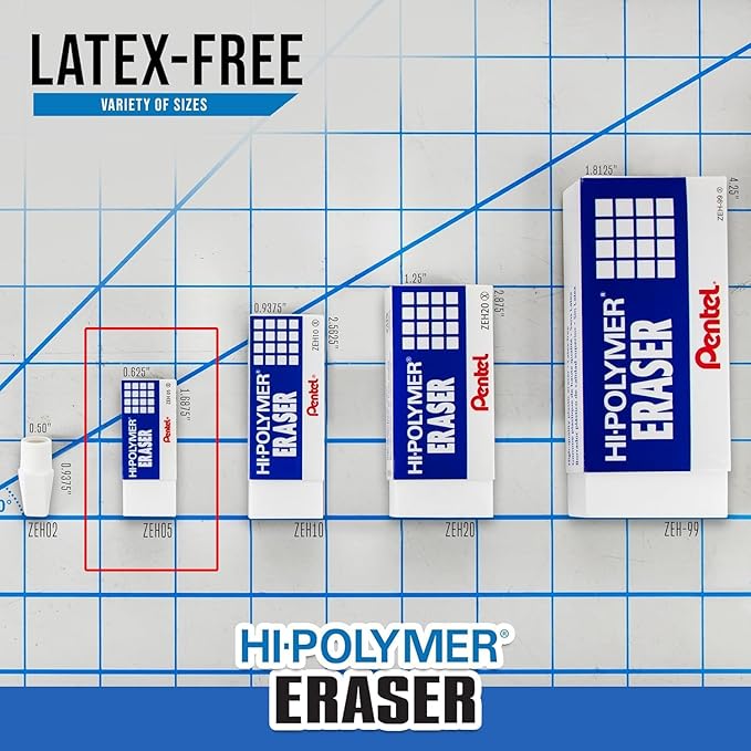 Pentel Hi-Polymer Erasers - Small White Block Erasers for Pencils - Pack of 18