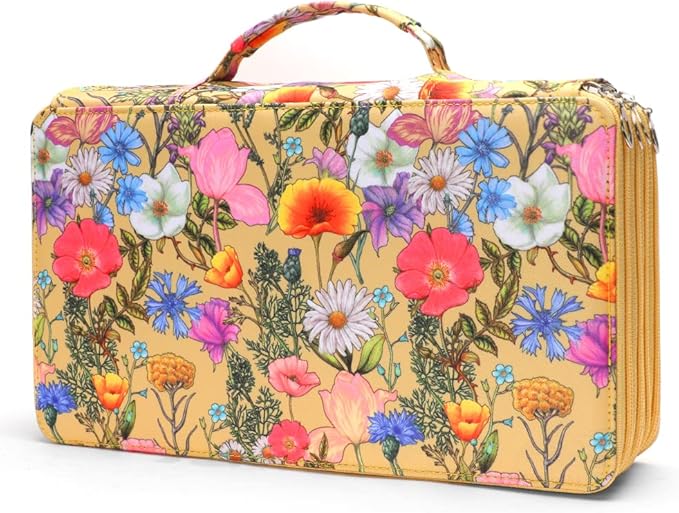 Vomgomfom 300 Slots Marker Bag, 4-Layer Zipper Portable Art Supply Organizer, PU Leather Large Capacity Marker Case Holds 100 Markers or 300 Colored Pencils with Handle (Yellow Flower)