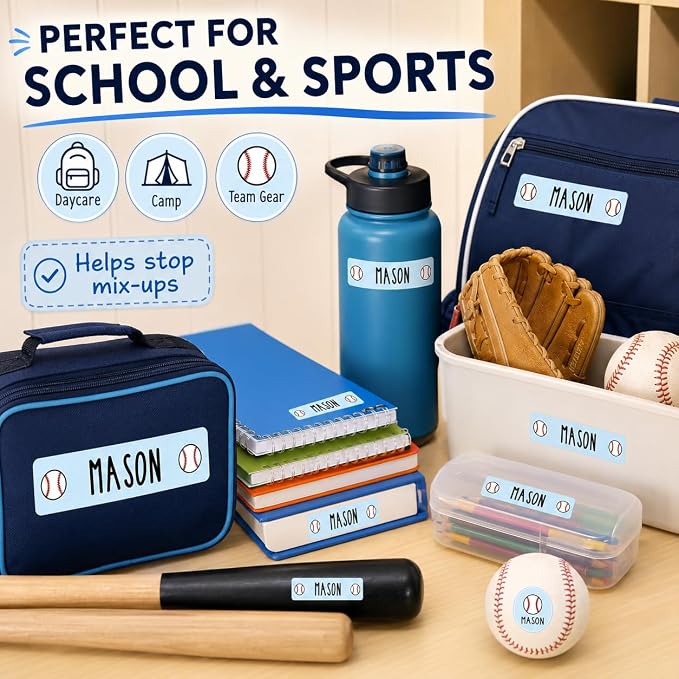 Andaz Press Custom Personalized Waterproof School Name Labels, Baseball, 120-Pack, Kids Labels Combo Pack, Customizable Multi-Use Name Stickers Personalized School Supplies Camp Stickers Daycare