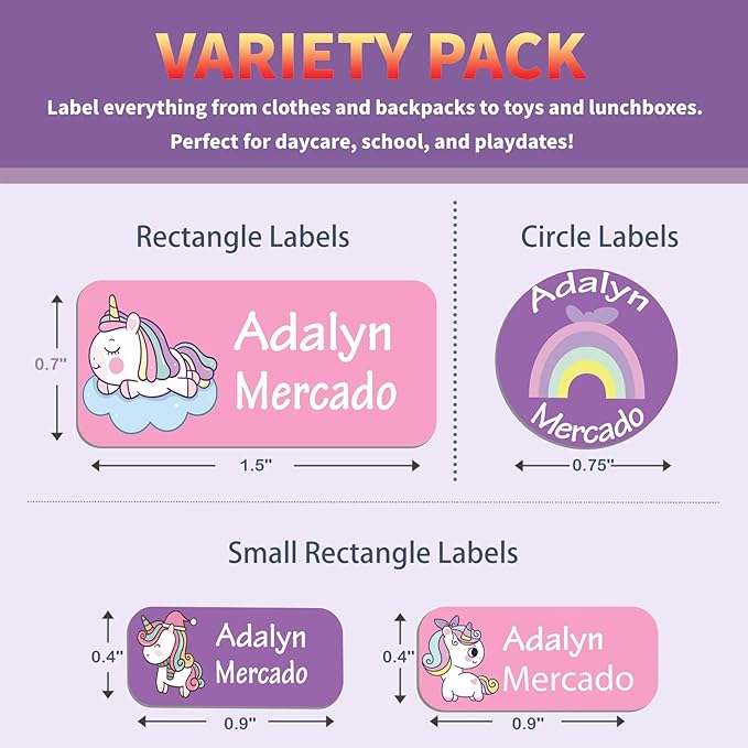 Custom Personalized Name Labels for Kids-(200-1000Labels) Waterproof Name Stickers Tags for School&Daycare,Clothing Tags,Washable&Durable Labels for Lunch Boxes, Bottles,Toys&GEA (Unicorn)
