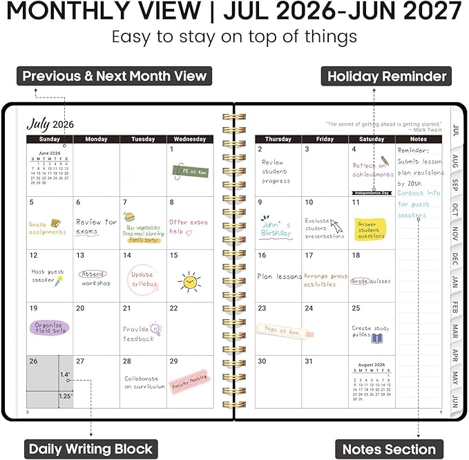 Academic Planner 2026-2027, Weekly and Monthly Calendar Planner Book, July 2026 – June 2027, Hardcover Organizer with Tabs, Perfect for Teachers, Students, Women & Men, A5 (6.4" x 8.5") - Black