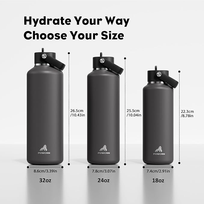 POWCAN 24 oz Slim Insulated Water Bottle: Leakproof, Lightweight, Top Handle, Stainless Steel Water Bottle with Straw for Sport, Gym, Fitness, Office, Home, Commute, Workouts, Boy, Men (Stone Gray)