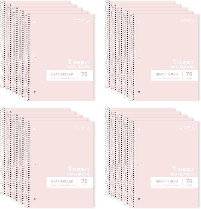 ONAVIA Graph Ruled Single Subject Spiral Notebook, 20 Pack, 4x4 Grid Paper, 8 x 10.5, 70 Sheets Each, Bulk Classroom Notebooks, Pink