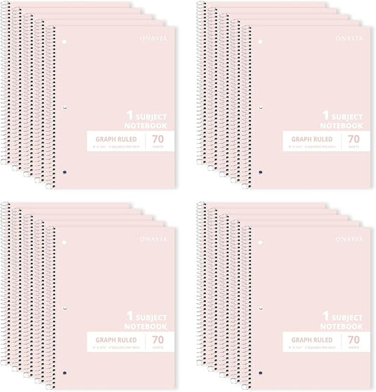 ONAVIA Graph Ruled Single Subject Spiral Notebook, 20 Pack, 4x4 Grid Paper, 8 x 10.5, 70 Sheets Each, Bulk Classroom Notebooks, Pink