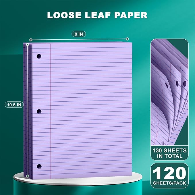 Purple Note Pads 8 X 10.5 Loose Leaf Paper, 120Sheets, 3 Hole Punched Lined Paper, College Ruled 8 X 10.5 Notebooks, 10-1/2" X 8 Binder Writing Pads, Filler Paper for Office, School Supplies