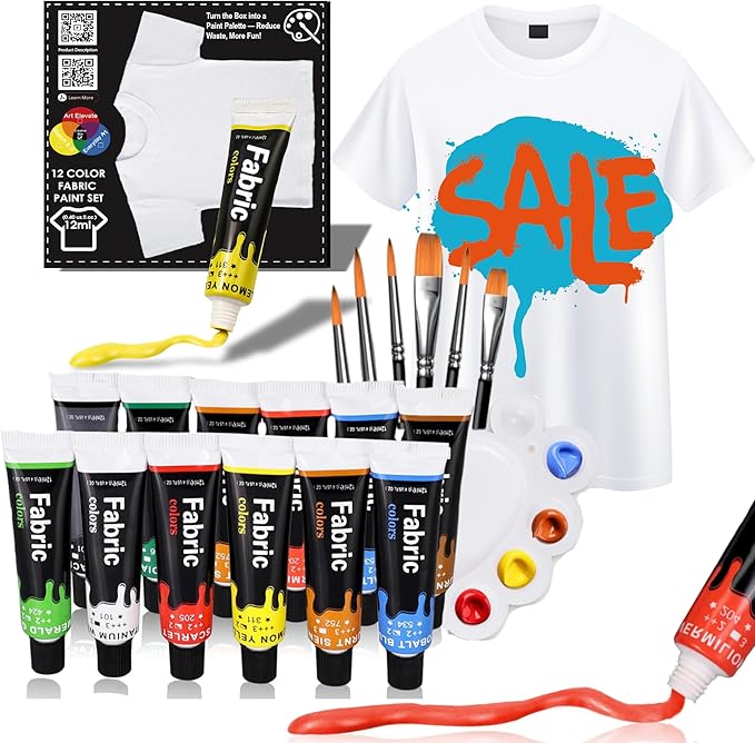 HUAL Fabric Paint Set for Clothes, 12 Colors Textile Paint with 6 Brushes & Palette, Quick-Drying Non-Toxic Water-Based Paint Kit for T-Shirts, Shoes, Canvas, DIY Art & Crafts