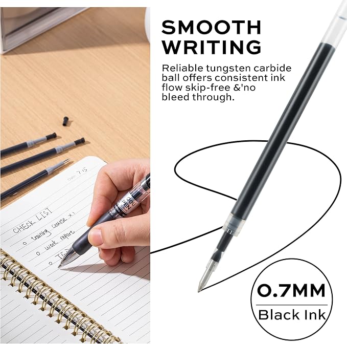 deli Gel Pen Refills, 30 Pcs 0.7mm Retractable Pen Refills Black Ink | Medium Point, Smooth Writing, Fast Dry, No Bleed for Journaling Note Taking, Home School Office Supplies
