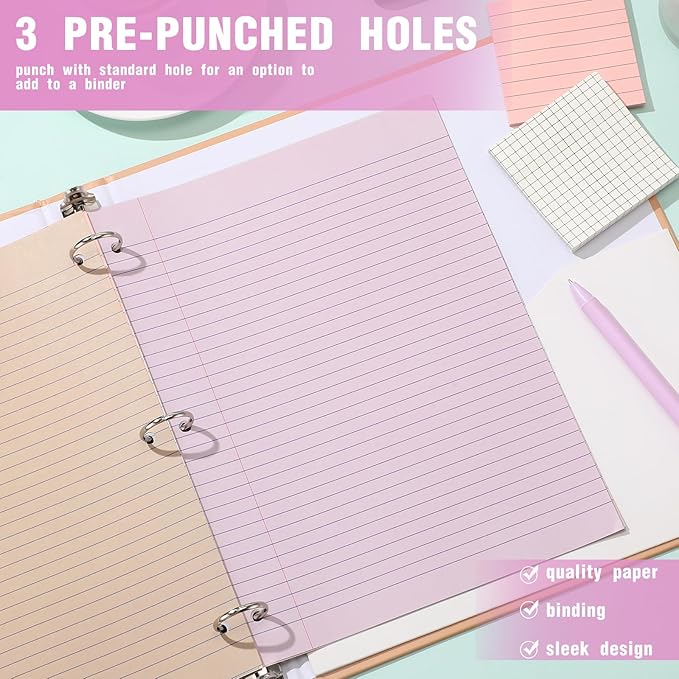 PerKoop 12 Pack 600 Sheets Colored Lined Paper Bulk College Ruled 8 x 10.5 Inches, Loose Leaf Notebook Paper 3 Hole Ring Punched Filler Back School Supplies, Line Spacing 0.7cm (Cute Color)