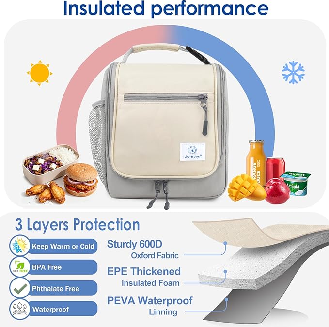 Genteen Kids Lunch Box, Insulated Lunch Bag for Kids, Toddler, Girl, and Boy; Holds Lunch Box, Water Bottle, & Snacks; Easy-Clean Water-Resistant Fabric & Multiple Zippered Pockets (Gray)