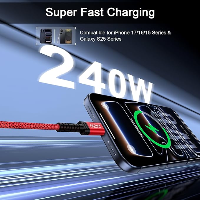 240W USB-C Charger Cable Fast Charging Cord for iPhone 17 17 Pro Max 16 Plus 16E 15 Pro Max,3FT USB C to USB C iPhone 16e Carplay USBC Cable Fast Charger Lead for Samsung Galaxy S25 S26/S26 Ultra/S26+