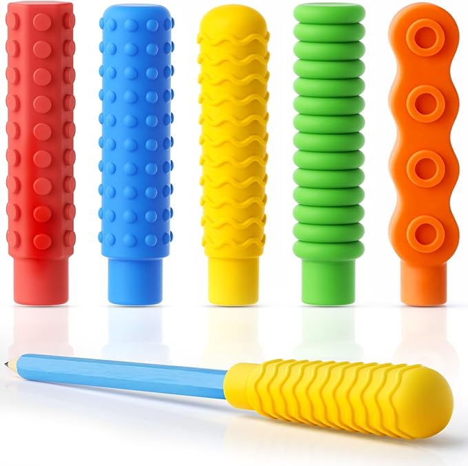 5-Pack Chewable Pencil Toppers for Sensory Kids,Silicone Pencil Top Covers for Autism, ADHD,SPD or Special Oral Motor Needs,Chewing Stim Tools Fidget Aid Focus for Student,Boys and Girls