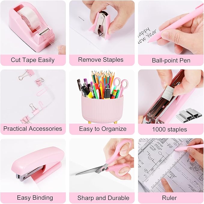 Gawsey Desk Organizers and Accessories Set with 360-Degree Rotating Pen Holder, Tape Dispenser, Stapler, Staple Remover, 1000 Staples, Tape, Clips Set, Ruler, Scissor, Pen (Pink-A)