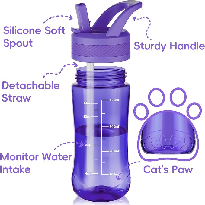 14oz Clear Kids Water Bottle with Straw Lid, BPA-Free Tritan, Measurement Scale, Sturdy Handle Wide Mouth Leak-proof Reusable Plastic Bottle for Boy& Girls, Back to School(Dark Purple)