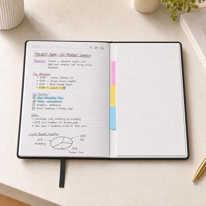 SUIN A5 Hardcover Lined Journal Notebook, 200 Pages, Black, 1 Pack