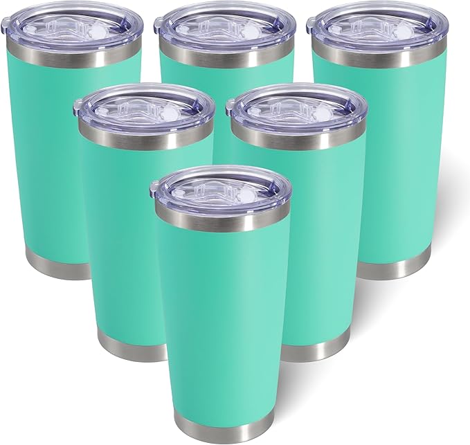 AIANJI 20oz Tumbler Bulk Stainless Steel Tumblers with Lid Vacuum Insulated Double Wall Travel Coffee Mug Powder Coated Tumbler Cup for Hot and Cold Drinks(Light Blue, 6 pack)