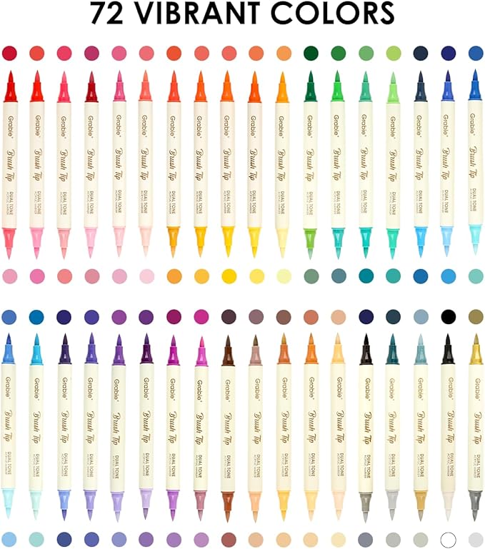 Grabie 72 Colors Acrylic Paint Markers, 36 Pack Dual Tip Soft Brush Acrylic Markers, Water-Based Paint Pens for Paper, Rock Painting, Wood, Canvas, Glass, Fabric, DIY Craft Art Supplies for All Ages