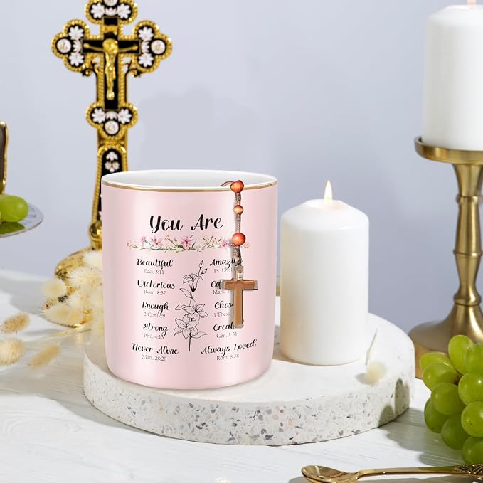 Ceramic Pen Holder for Desk Cute, Pencil Holder Cup, Makeup Brush Holder Pink, Multi-Functional Organizer for Office, Religious Style