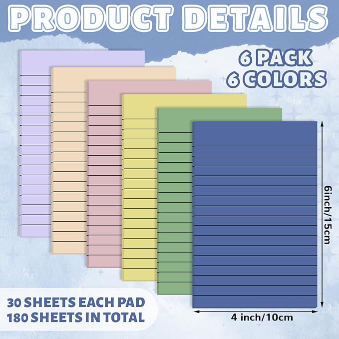 Yinder 6 Pack Pastel Transparent Sticky Notes Translucent Clear Lined Self Stick Note, Back to School Gifts for Bible Tabs, Book Tabs, School Supplies Office, 30 Sheets/Pack, 4 x 6'' (Light Color)