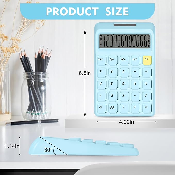 Cute Calculator, Calculators Desktop, Blue Calculator Big Buttons, Solar and Battery Dual Power, 12-Digits Large LCD Display, Desk Calculators for Office Home School Basic Business (Blue)
