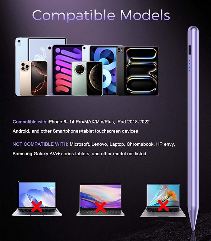 CMARS Stylus Pen for Touchscreen, Universal Tablet Pen for iPad/iPhone/Samsung/Huawei/Xiaomi/Android and More Devices, Stylists Pens Rechargeable, Digital Pencil with Magnetic Function - Purple