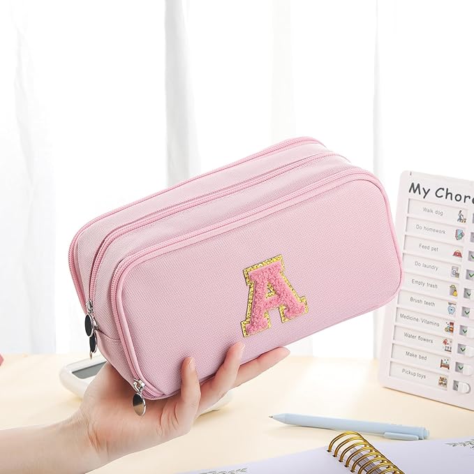 Extra Large Capacity Pencil Case 3 Compartment Initial Pencil Pouch Personalized Cute Aesthetic Stationery Pen Case Bag for School Teen Girl Boy Men Women Gift (W, Blue)