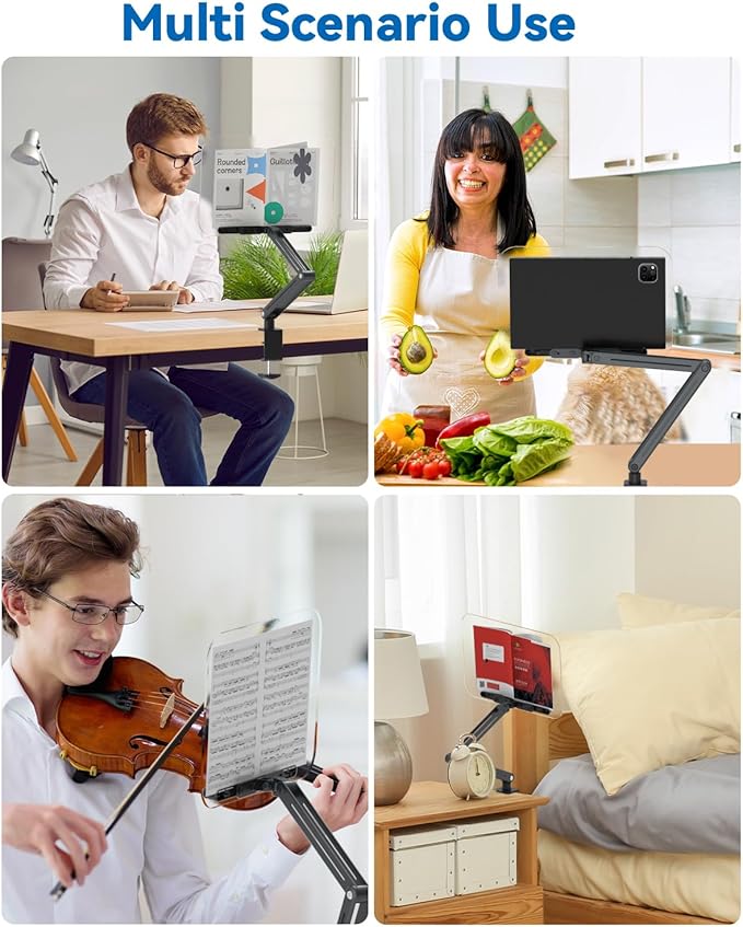 Desk Clamp Acrylic Book Stand for Reading, Ergonomic Design Adjustable Height up to 20 inches with Rotating Bases Cookbook Stand, Suitable for Recipe, Sheet Music, Tablet(Gray)