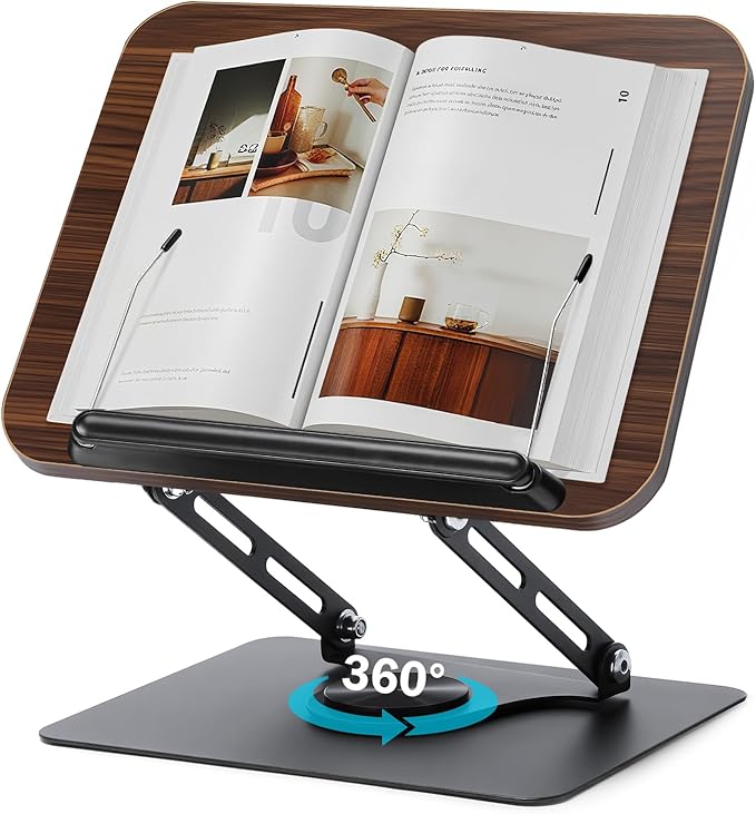 360° Rotating Book Stand for Reading, Adjustable Foldable Book Holder for Reading, Cooking, Office, Compatible with Cookbooks, Textbooks, Tablets, Sheet Music, and Laptops (Black Walnut)