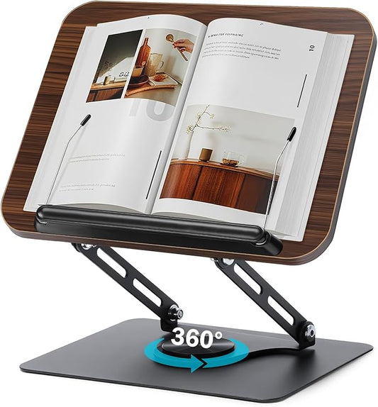 360° Rotating Book Stand for Reading, Adjustable Foldable Book Holder for Reading, Cooking, Office, Compatible with Cookbooks, Textbooks, Tablets, Sheet Music, and Laptops (Black Walnut)