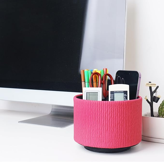Round Leather Art Supply Organizer,Remote Control Holder,360 Degree Spinning,Multi-Functional Pencil Holder,4 Compartments Desktop Stationary Organizer(1-Vertical Wood Red)