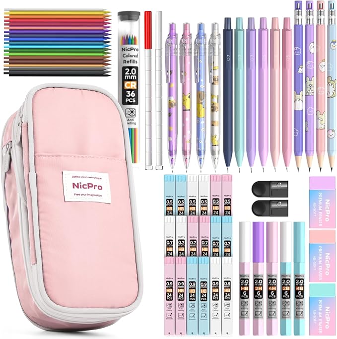 Nicpro 45PCS Mechanical Pencils with 462 Lead Refills (Pink) | 0.5mm-2.0mm Cute Mechanical Pencil Pet, School Supplies Stationary Set with Pencil Case for Girl Note-Taking & Back to School