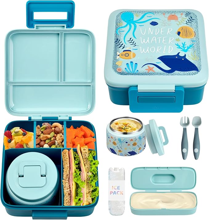 JXXM Bento Lunch Box for Kids with 8oz Soup Thermo,Leak-Proof Lunch Containers with 5 Compartment,Thermo Food Jar Food Containers for School (Blue-Octopus)