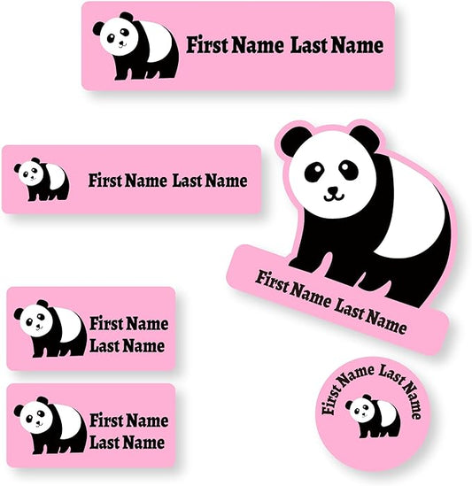 Personalized Kids Name Labels – Waterproof Custom Stickers for Daycare & School, Dishwasher & Laundry Safe (Panda - Pink)
