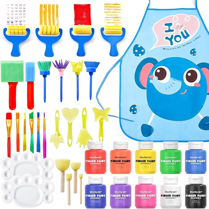 Shuttle Art Washable Finger Paint Set, 37 PCS with 10 Colors (2 fl oz) Non-Toxic Toddler Paint, Paint Brushes, Sponge, Smock, Toddler Art Supplies