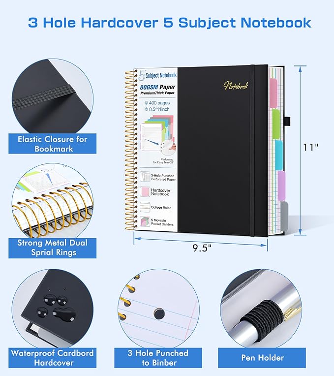 5 Subject Notebook College Ruled,80GSM Paper Thick Hardcover Spiral Notebook Lined Journal with Removable Dividers Tabs,400pages 8.5"x11" Paper Large Notebooks for School Work,3-Hole Punched, Black