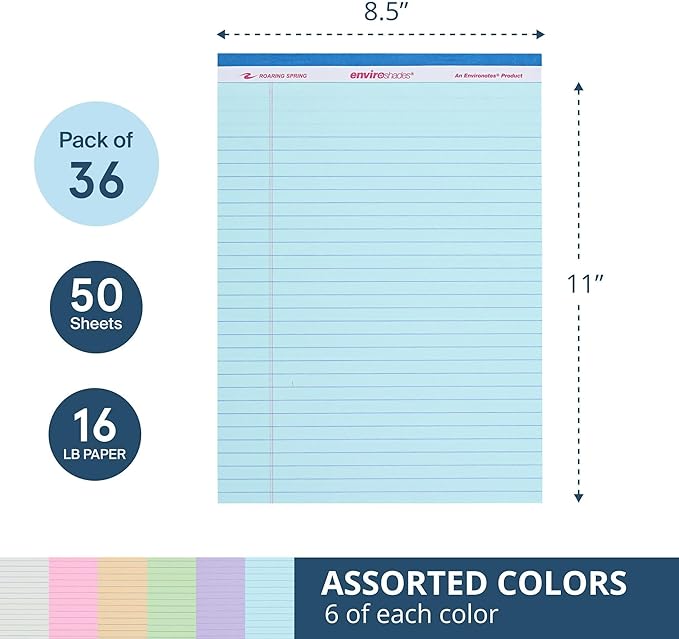 ROARING SPRING Enviroshades Assorted Colored Legal Pads, 36 Pack, Legal Ruled Recycled Writing Note Pads, 8.5" x 11", 50 Sheets, Perforated Paper, Made in USA, Memo Pad For School & Office