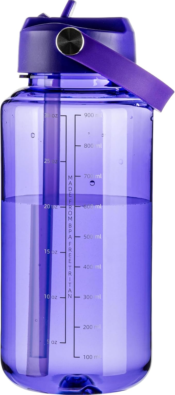 OLDLEY 32 oz Clear Water Bottle with Straw,Tritan BPA-Free, Wide Mouth, Leak Proof - for Gym, Travel, Home, School, Office (Deep Purple)