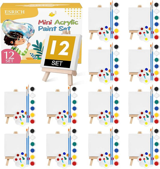 ESRICH 12 Set Mini Acrylic Paint Kit, Minis Stretched Canvas with Easel, Acrylic Paint Strips, Palettes, Painting Brushes, Mini Canvas and Easel Set for Kids Artists Beginner,Gift