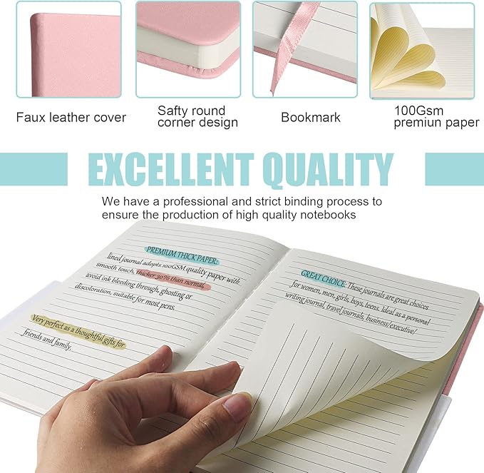 Lined Journal Notebook – Hardcover Notebook for Men & Women – Journals for Writing, Work, School, Home & Daily Notes, 160 Pages – Medium A5, 5.7"x8", 100 gsm Thick Paper (Pink)
