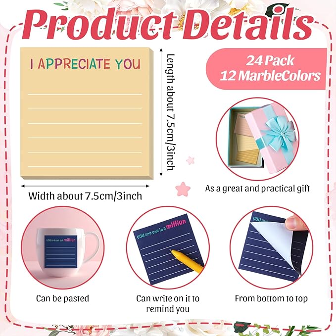 Yinder 24 Pcs Inspirational Sticky Notes Cute Motivational Sticky Notes Pad End of Year Employee Appreciation Gifts Bulk for Teacher Nurse Coworkers Office Supplies 3 x 3'' (Appreciation,Retro)