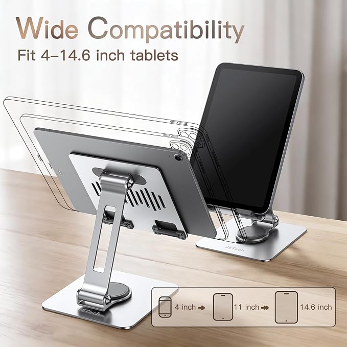 JETech Tablet Stand, Adjustable Swivel Desktop Holder with 360 Degree Rotating Base, Foldable Cradle for iPad/iPad Air/Pro/Mini, Galaxy Tab A11/A9/S11/S10 FE, Tab/Phones(4-13"), Silver